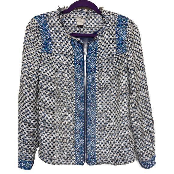 Chicos 0/S Blue Tweed Jacket Blazer boucle full zip sz 4/6 - Picture 1 of 10
